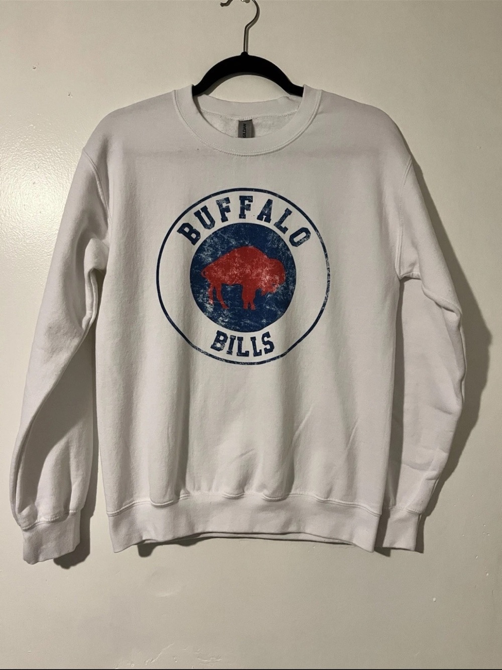Gildan White Crewneck Sweatshirt with Red & Blue Buffalo Logo